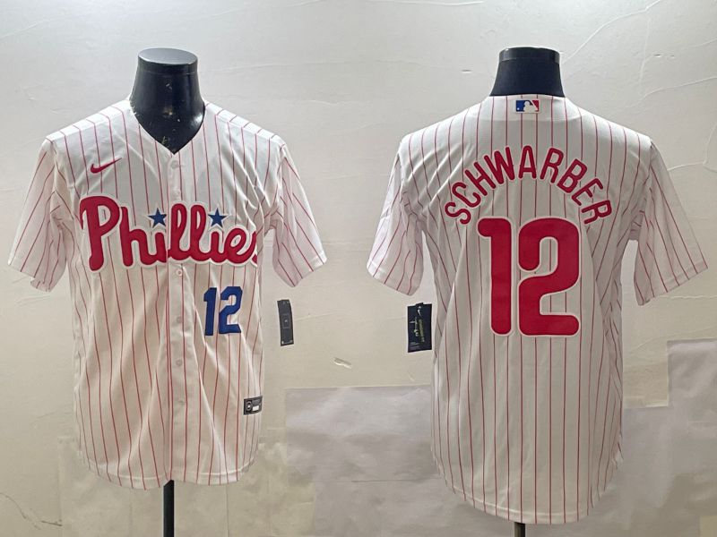 Men Philadelphia Phillies 12 Schwarber White stripe Game 2025 Nike MLB Jersey style 3